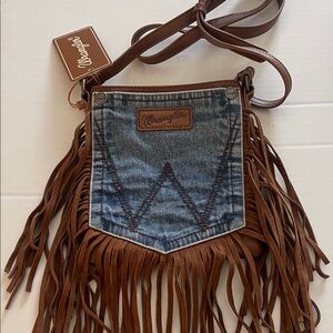 Wrangler Brown Leather and Blue Denim Fringe Crossbody Bag